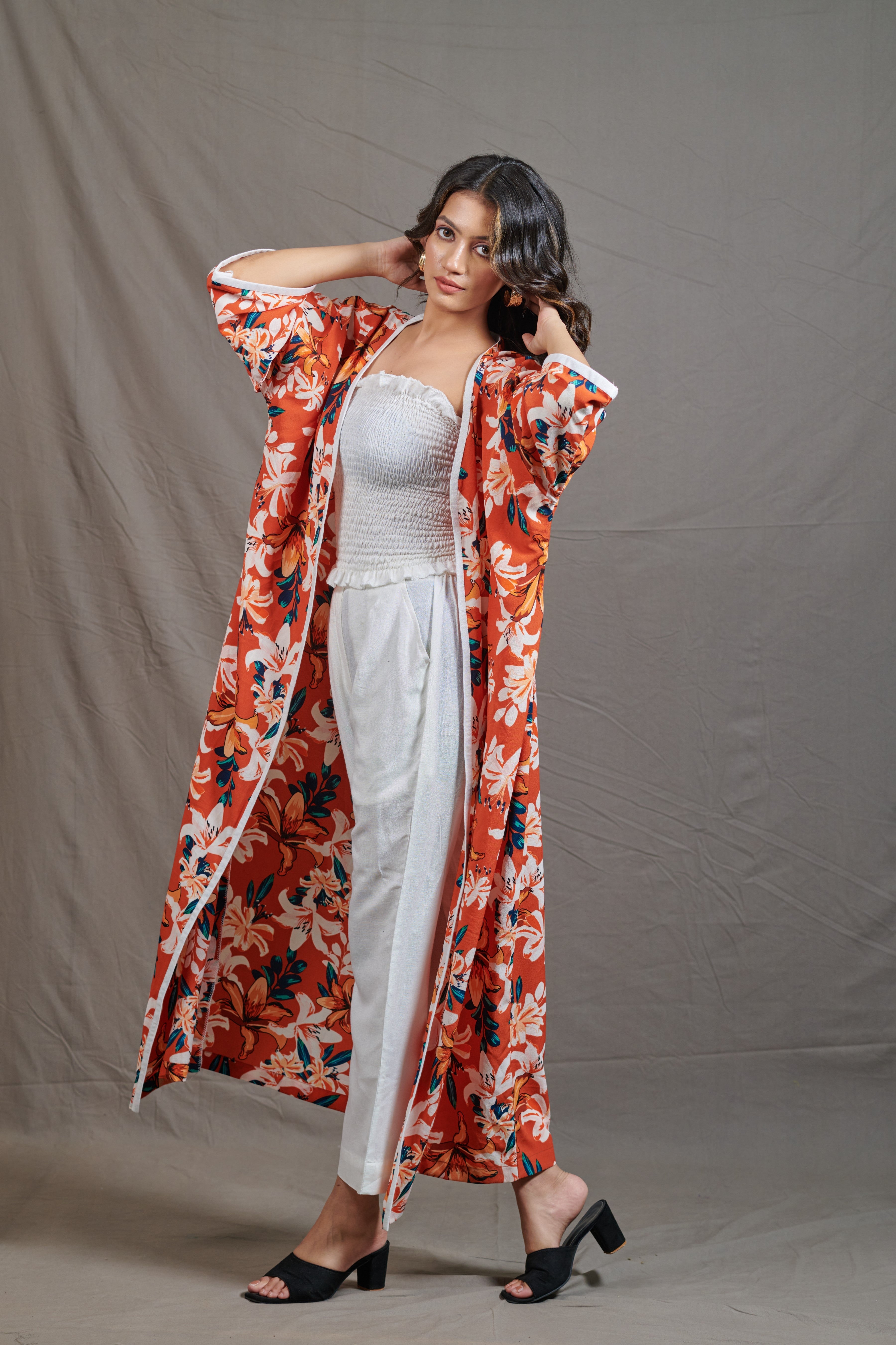 Orange Floral Long Shrug