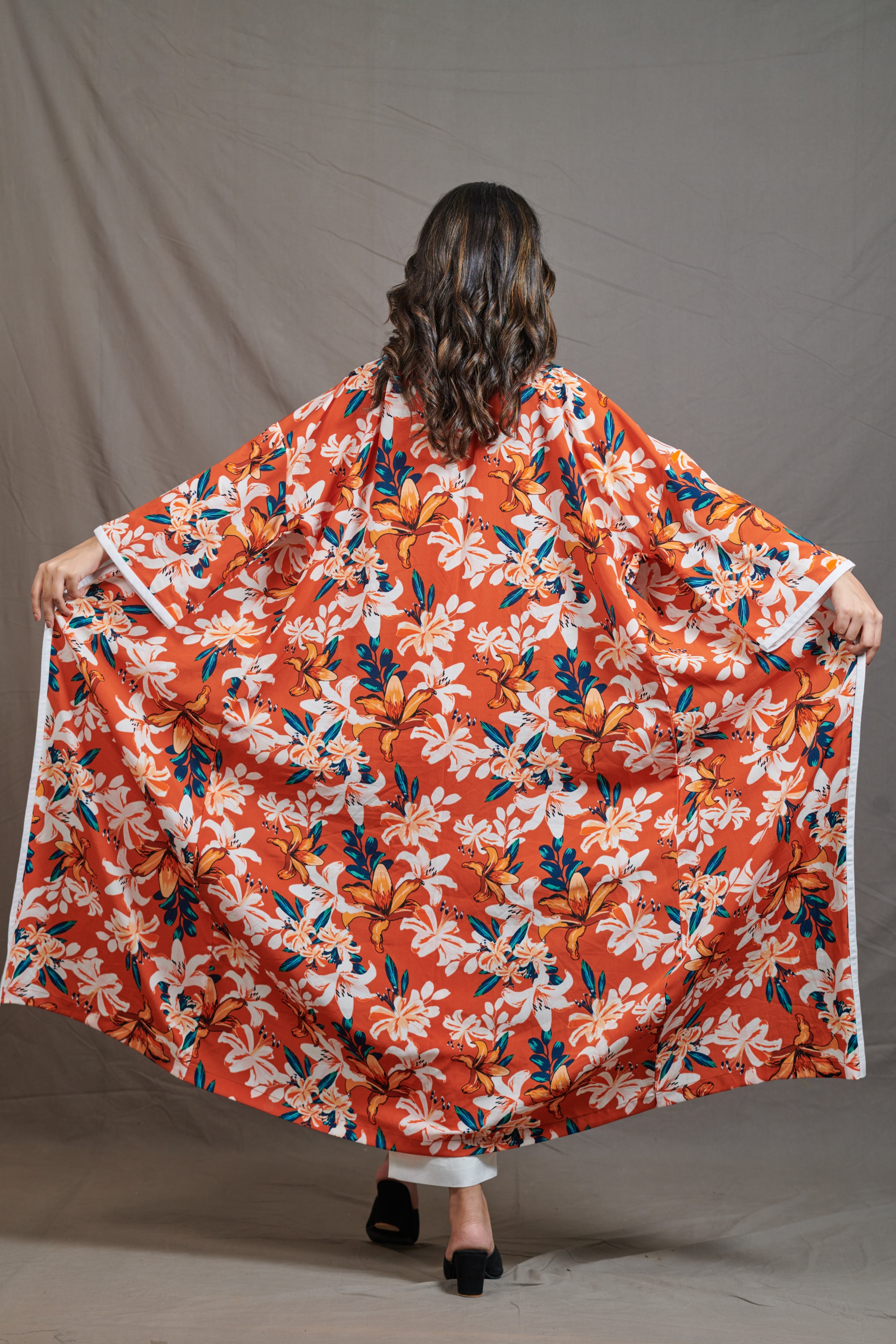 Orange Floral Long Shrug