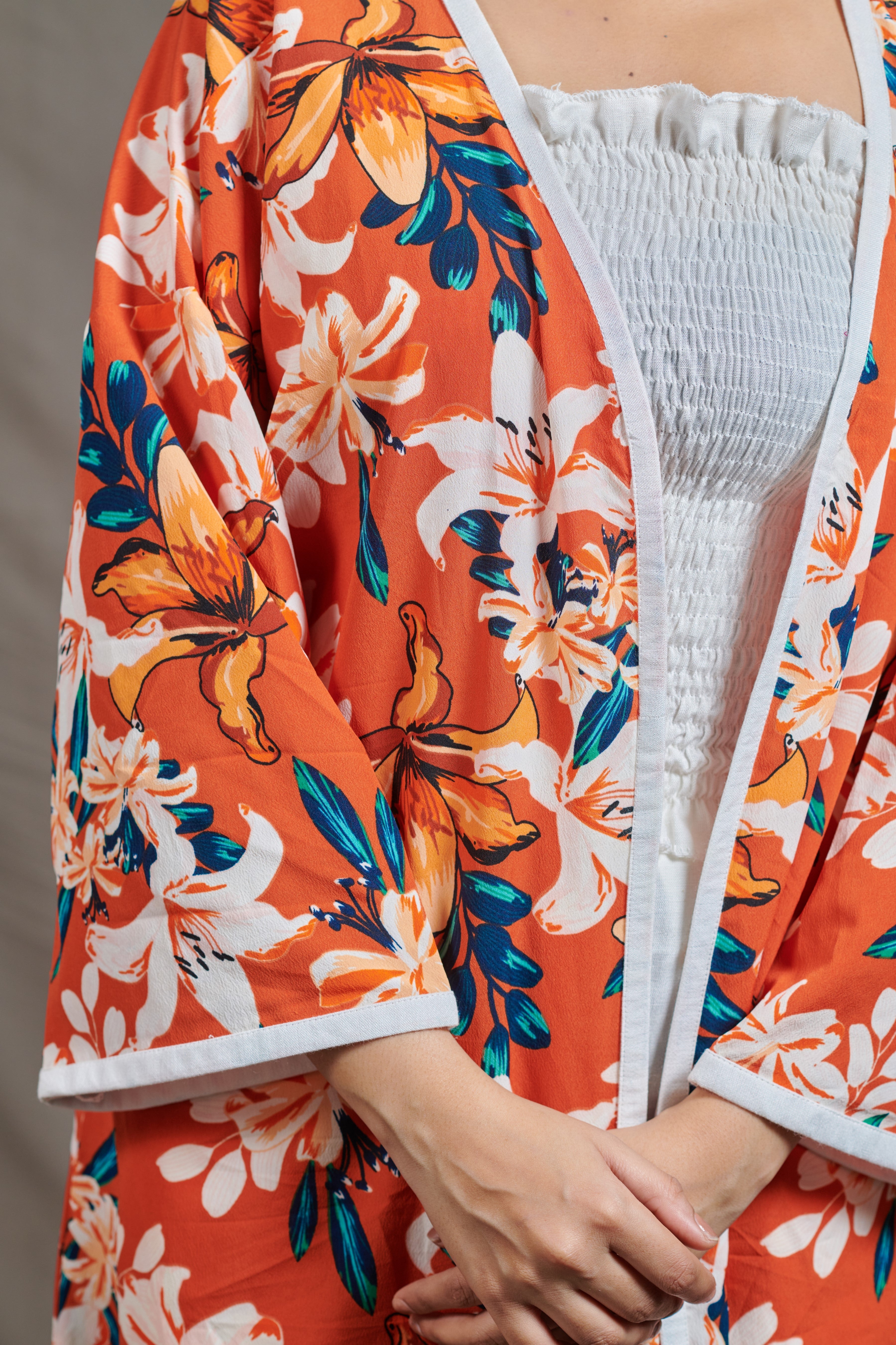 Orange Floral Long Shrug