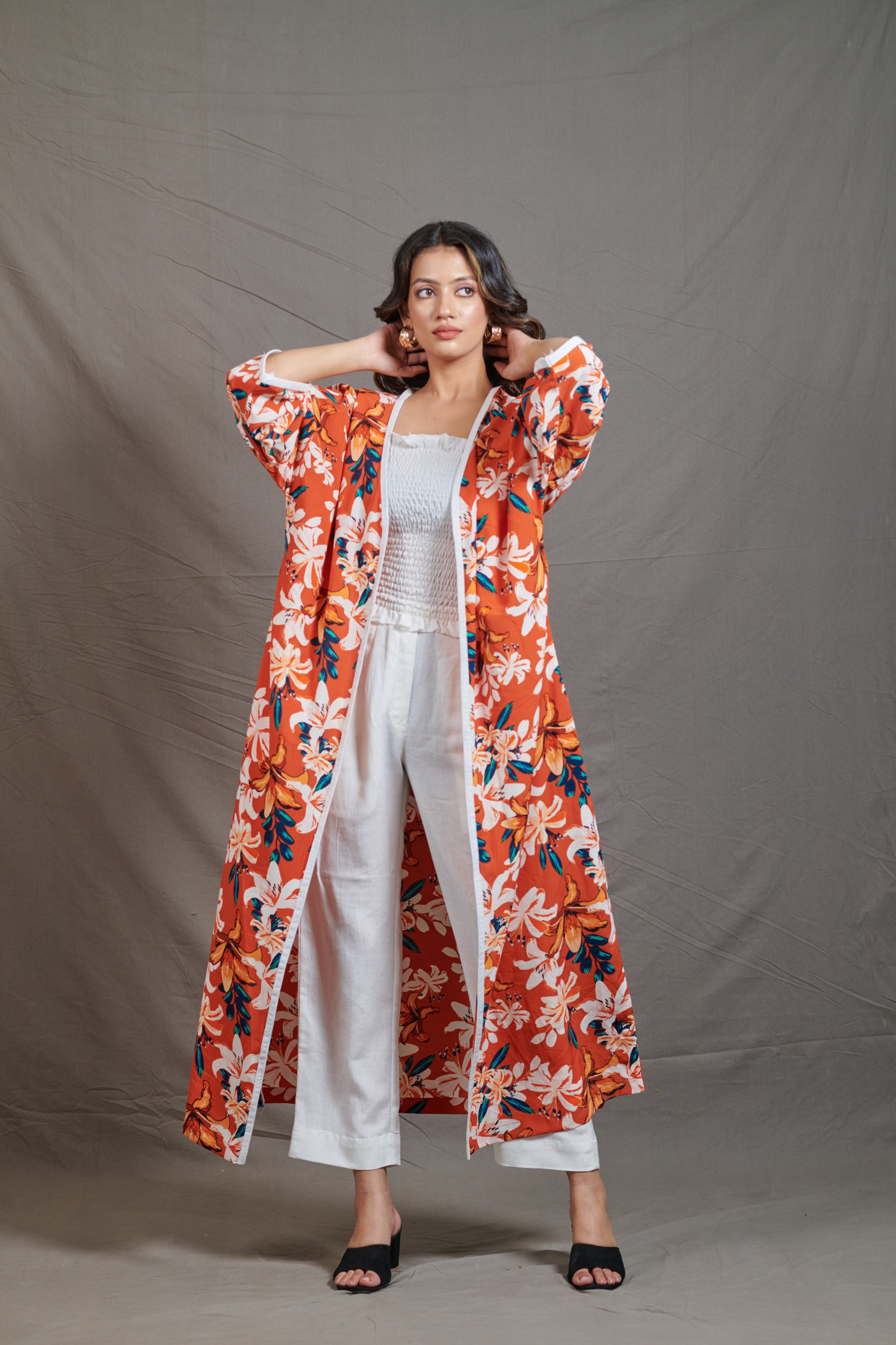 Orange Floral Long Shrug