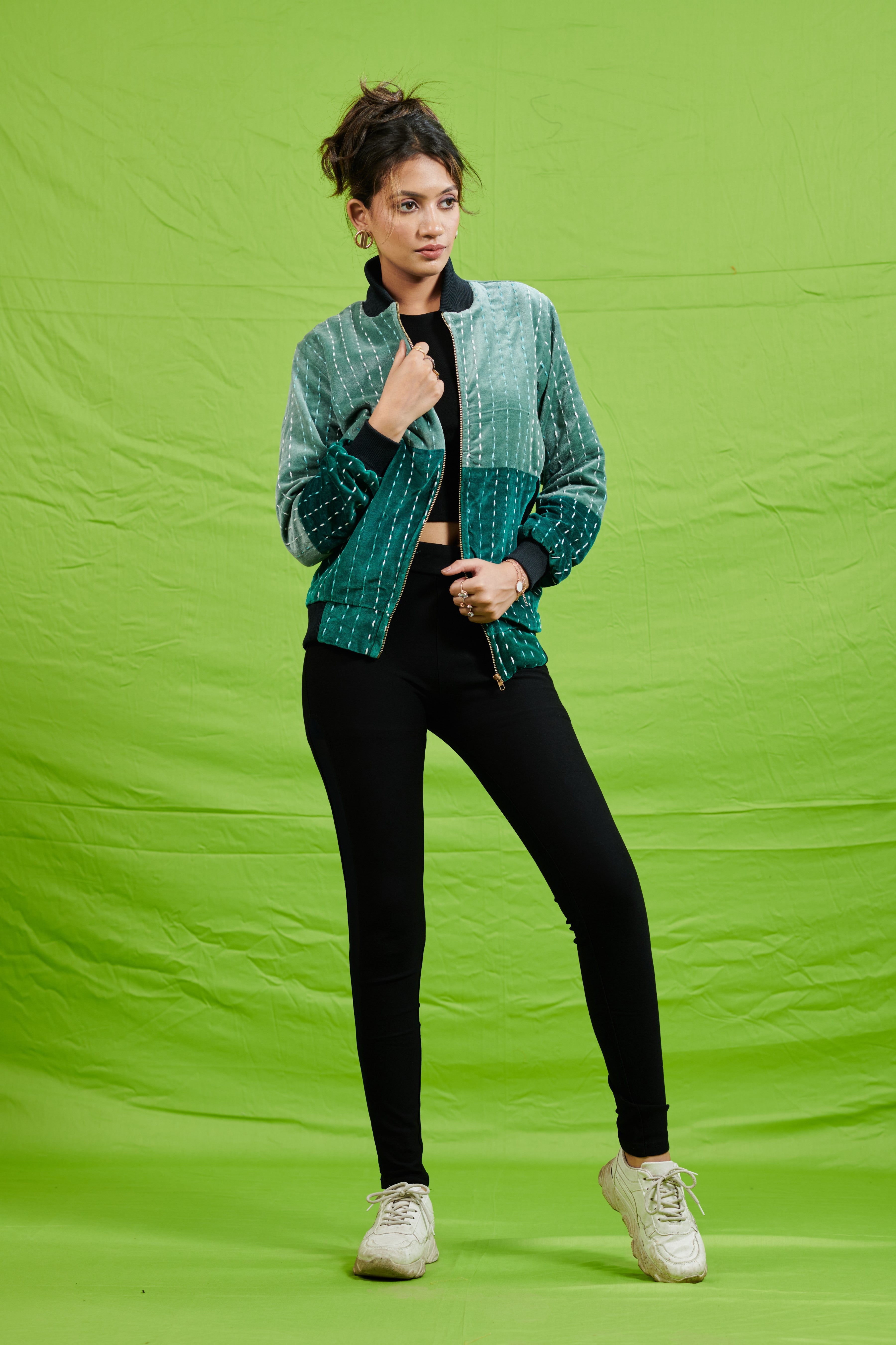 Dual Tone Kantha Velvet Bomber Jacket