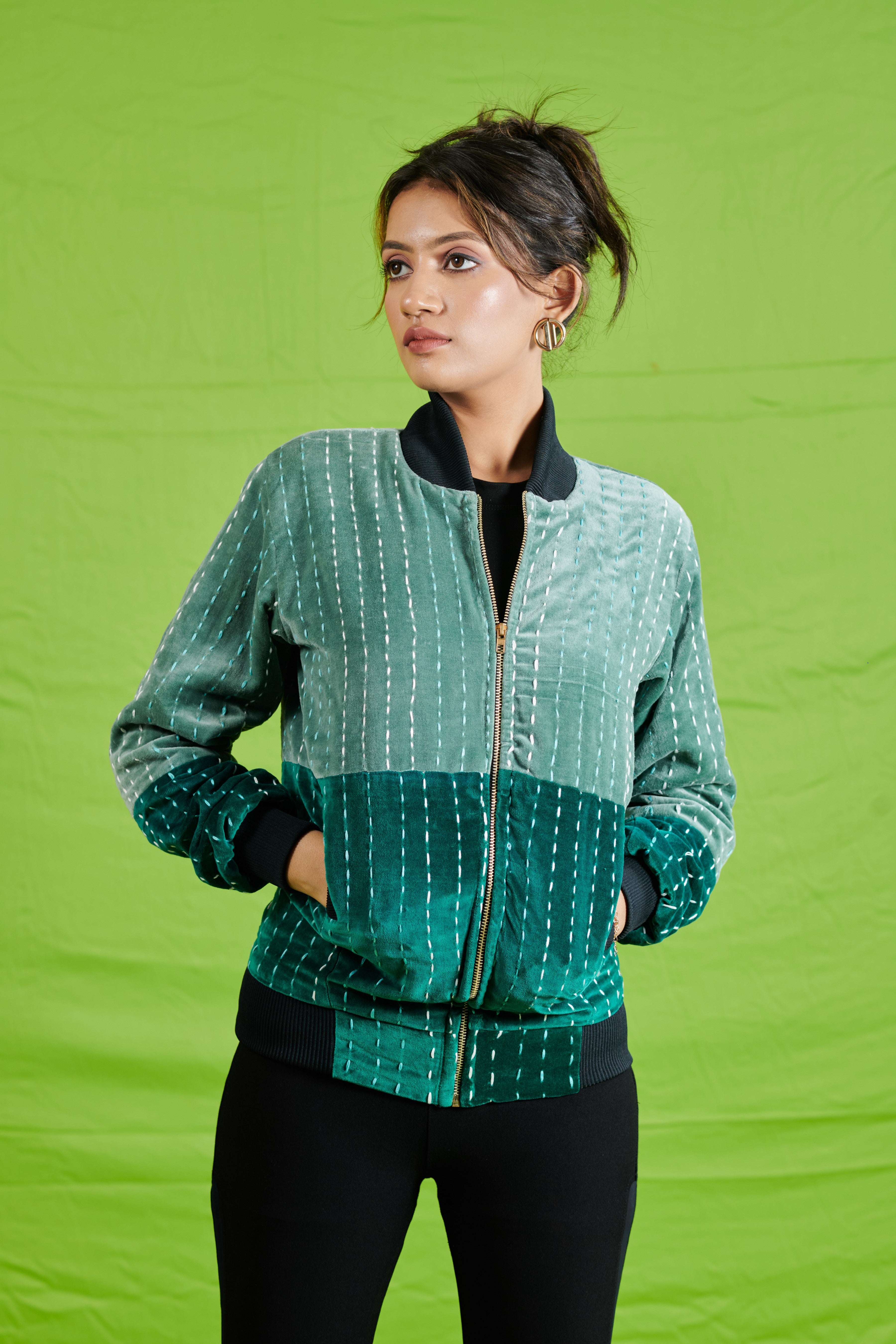 Dual Tone Kantha Velvet Bomber Jacket