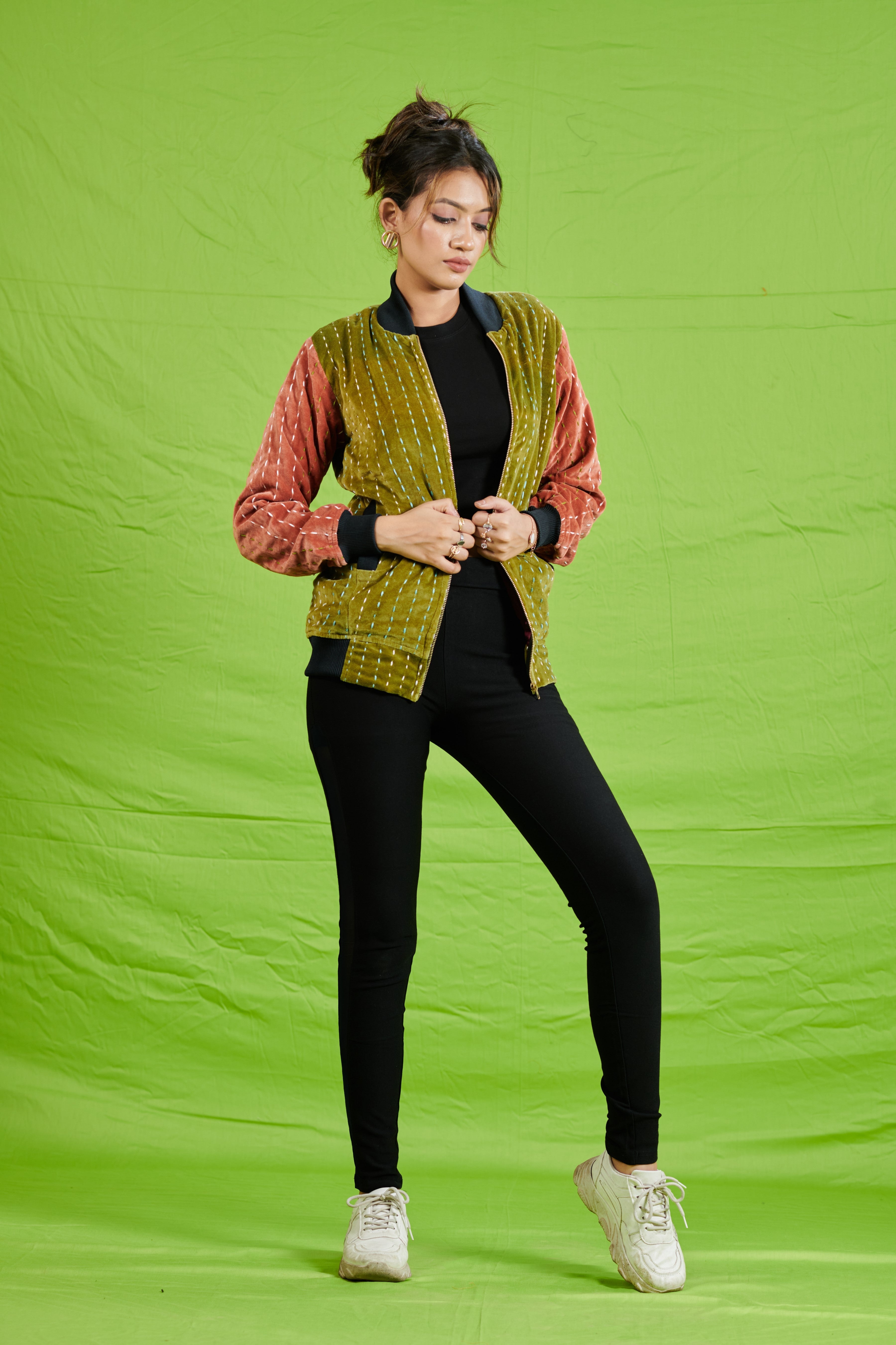 Dual Tone Kantha Velvet Bomber Jacket