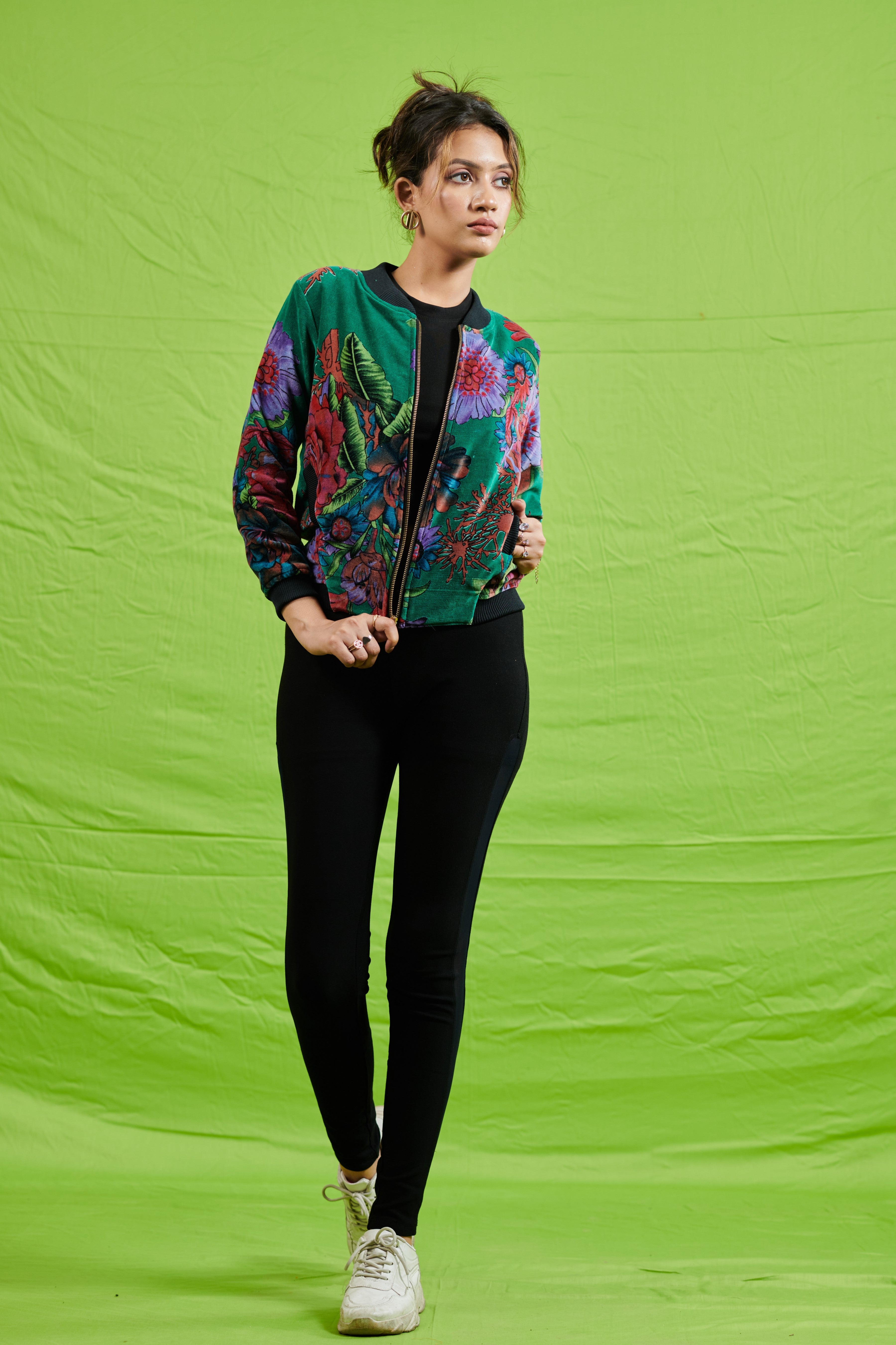 Emerald Green Floral Velvet Bomber Jacket