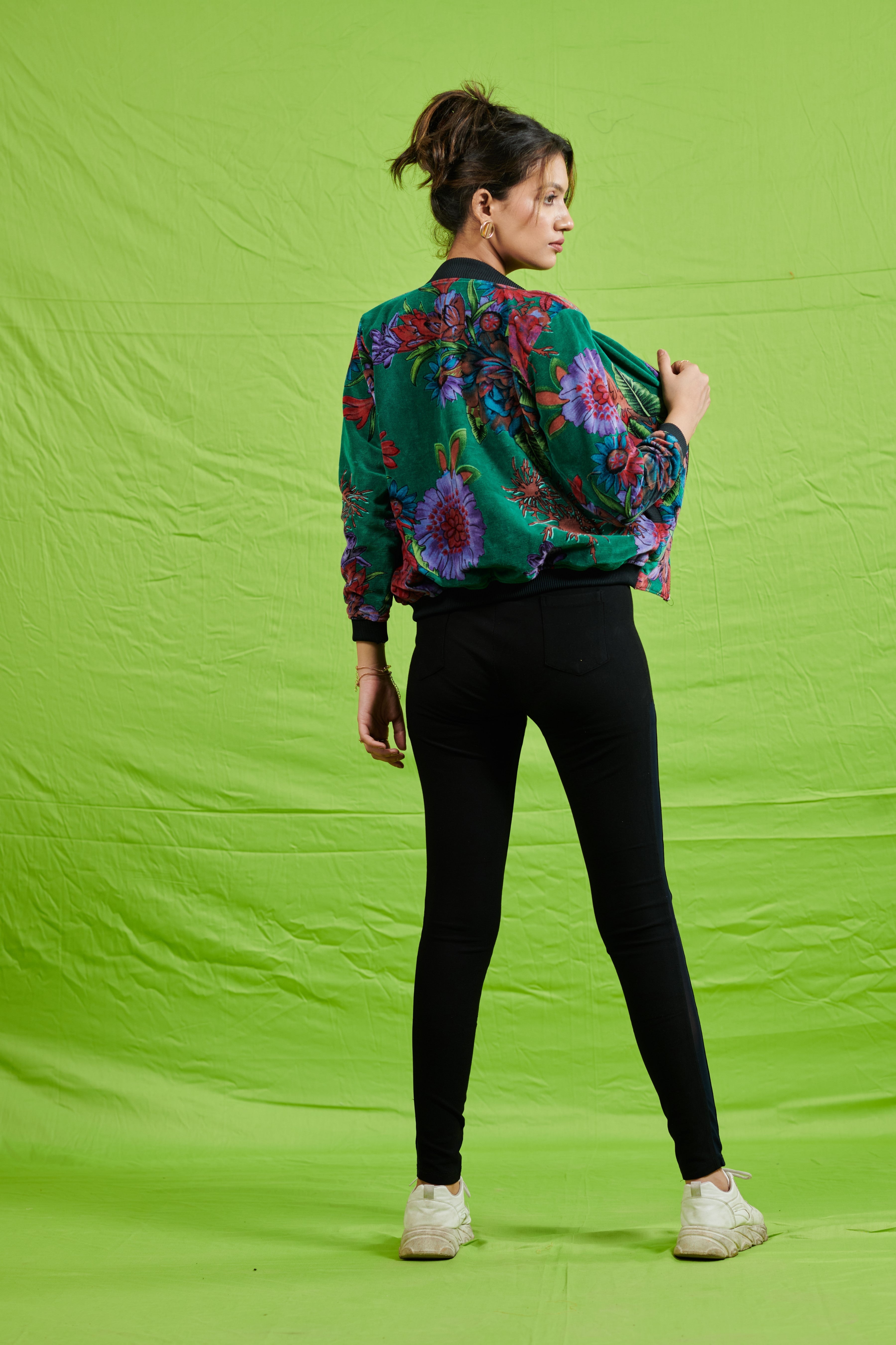 Emerald Green Floral Velvet Bomber Jacket