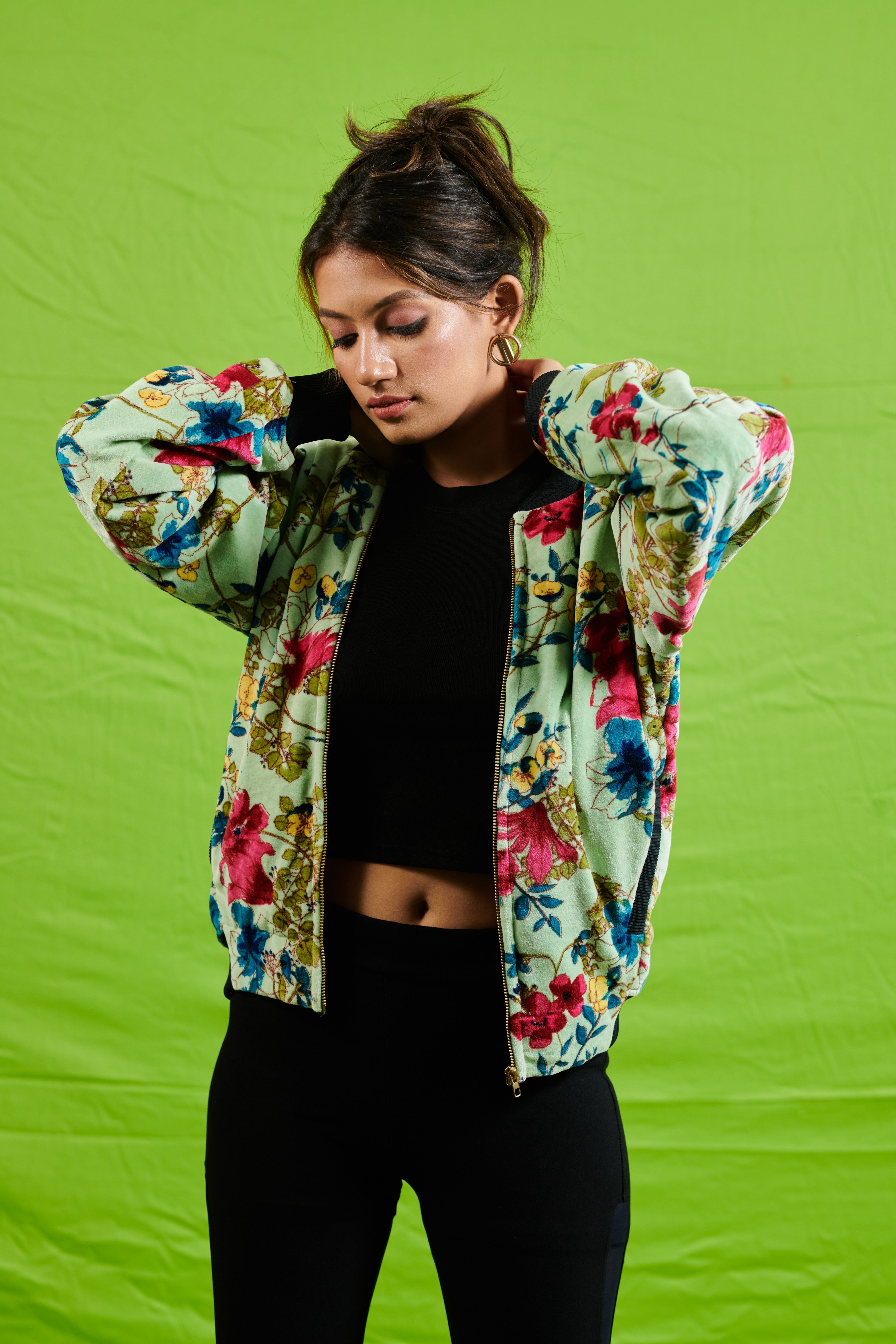 Velvet Printed Bomber Jacket