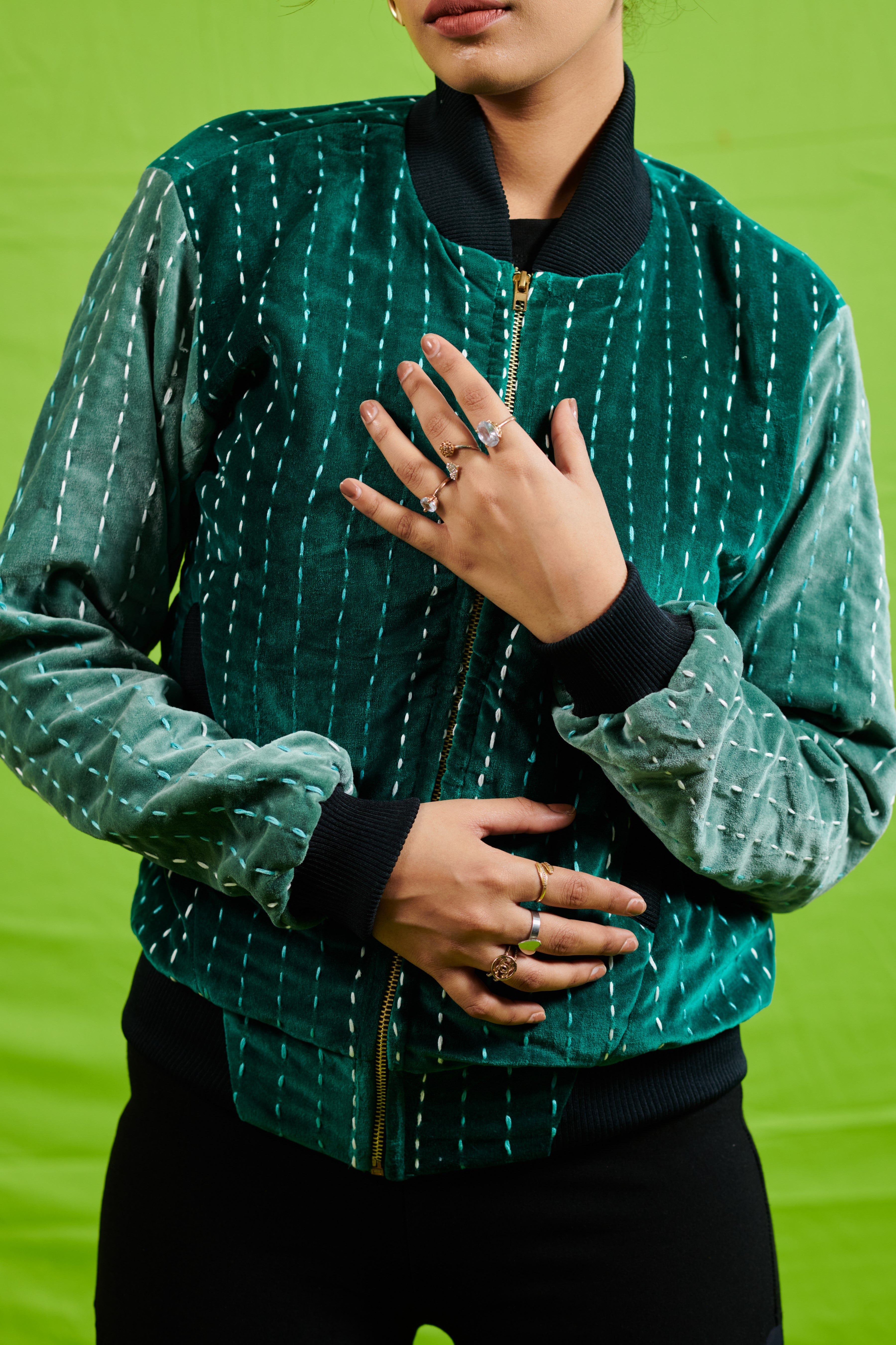 Dual Tone Kantha Velvet Bomber Jacket