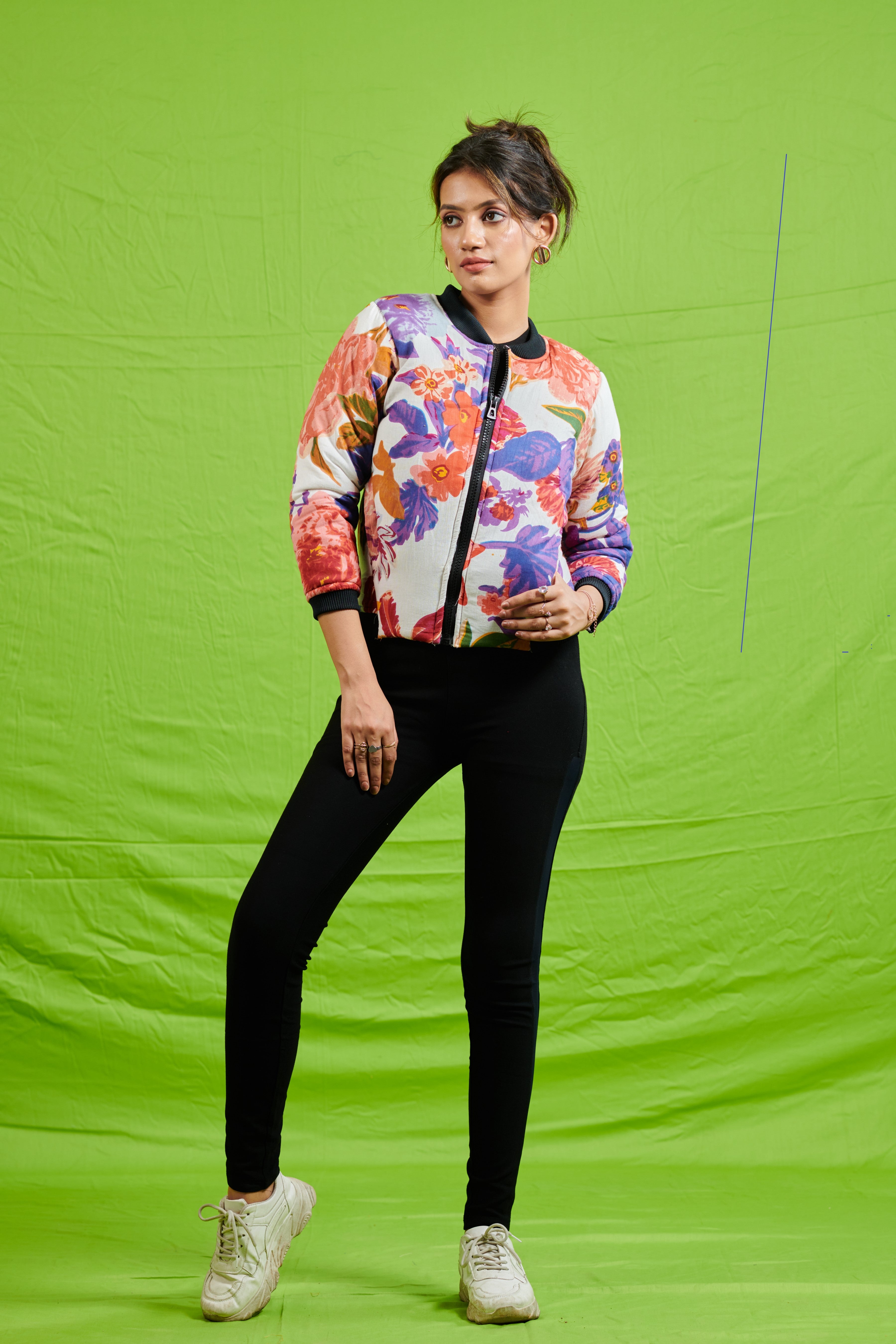 Cotton White Floral Bomber Jacket