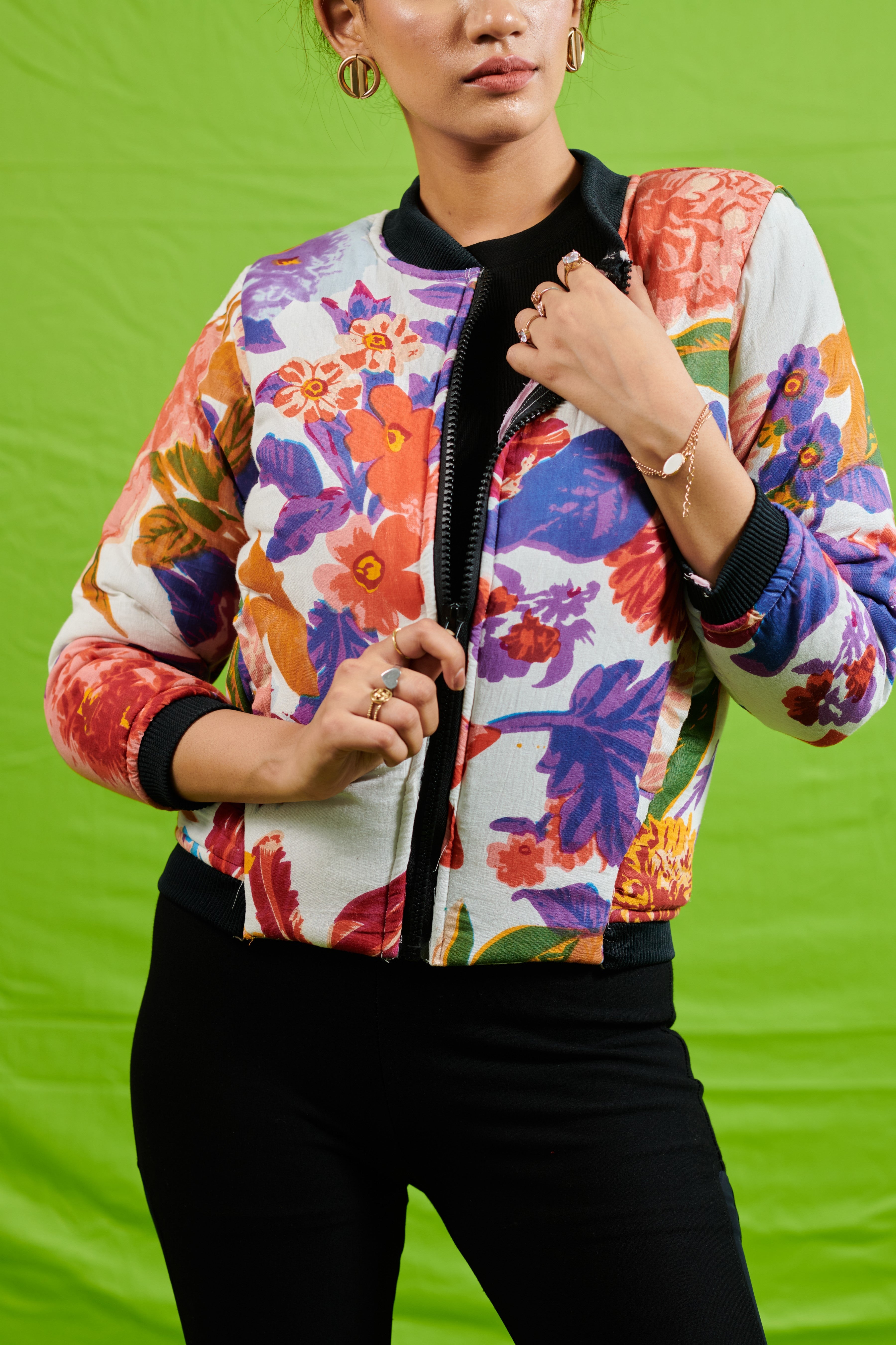 Cotton White Floral Bomber Jacket