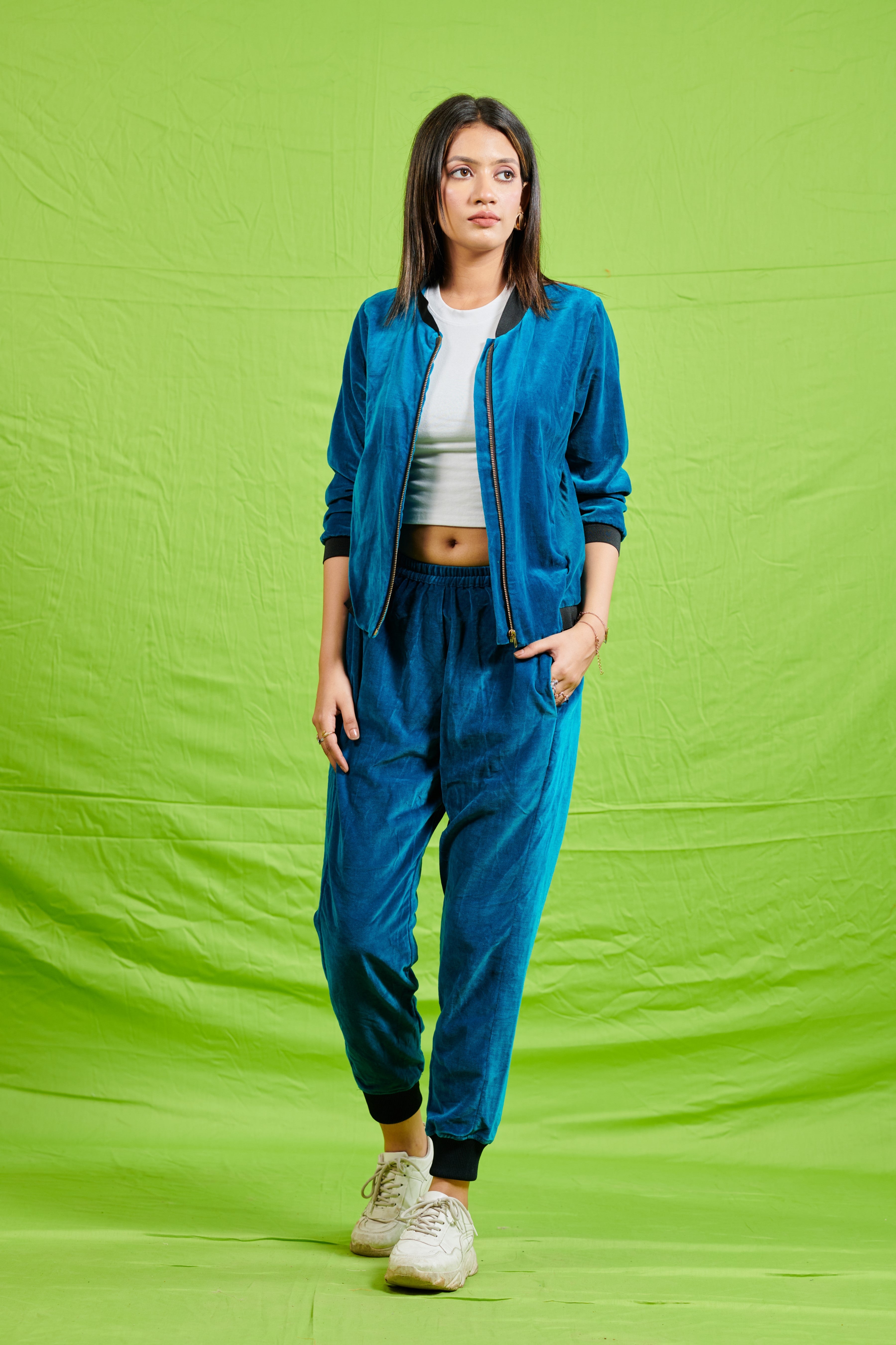 Teal Cotton Velvet Bomber Co-Ord Set