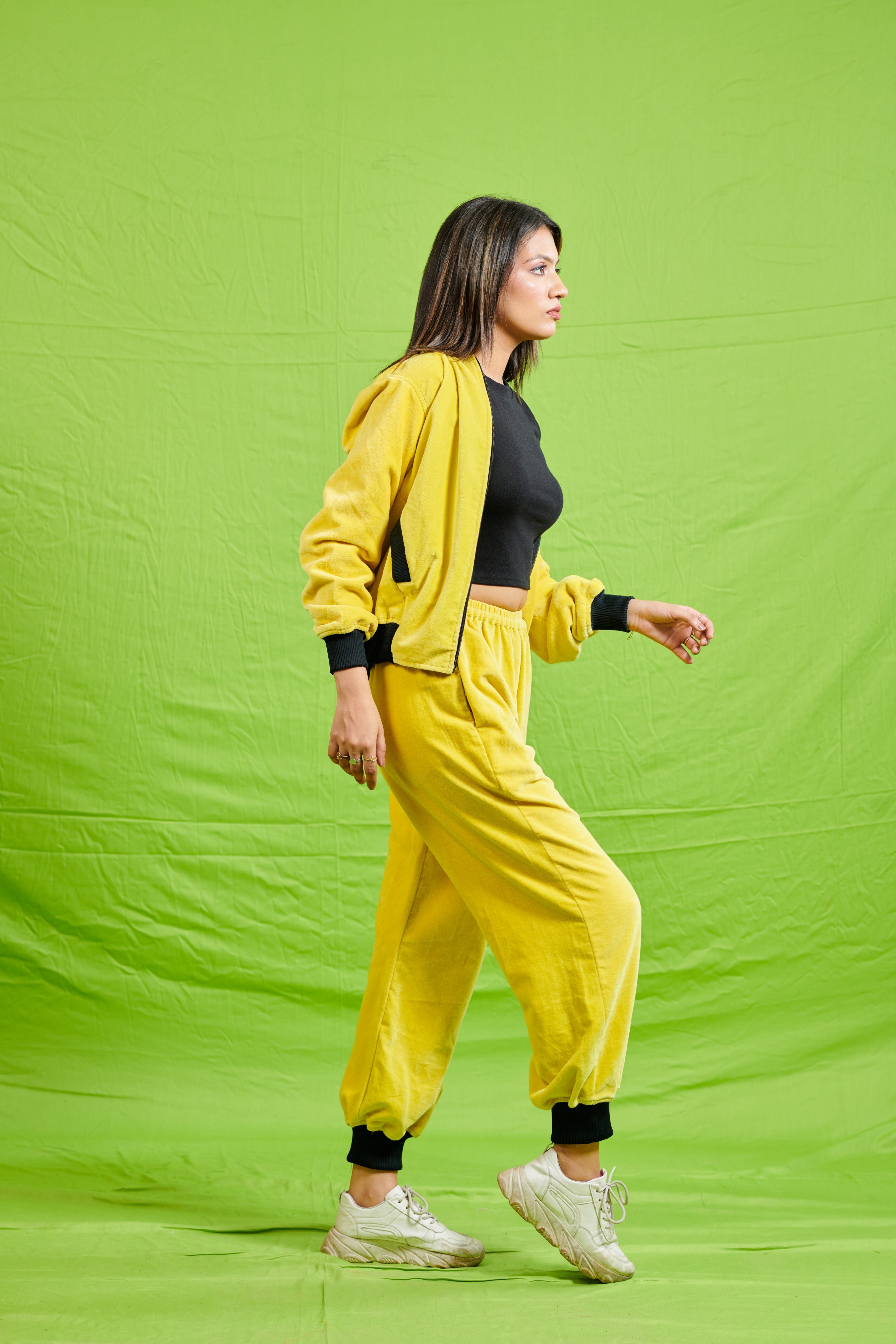 Yellow Cotton Velvet Bomber Co-Ord Set